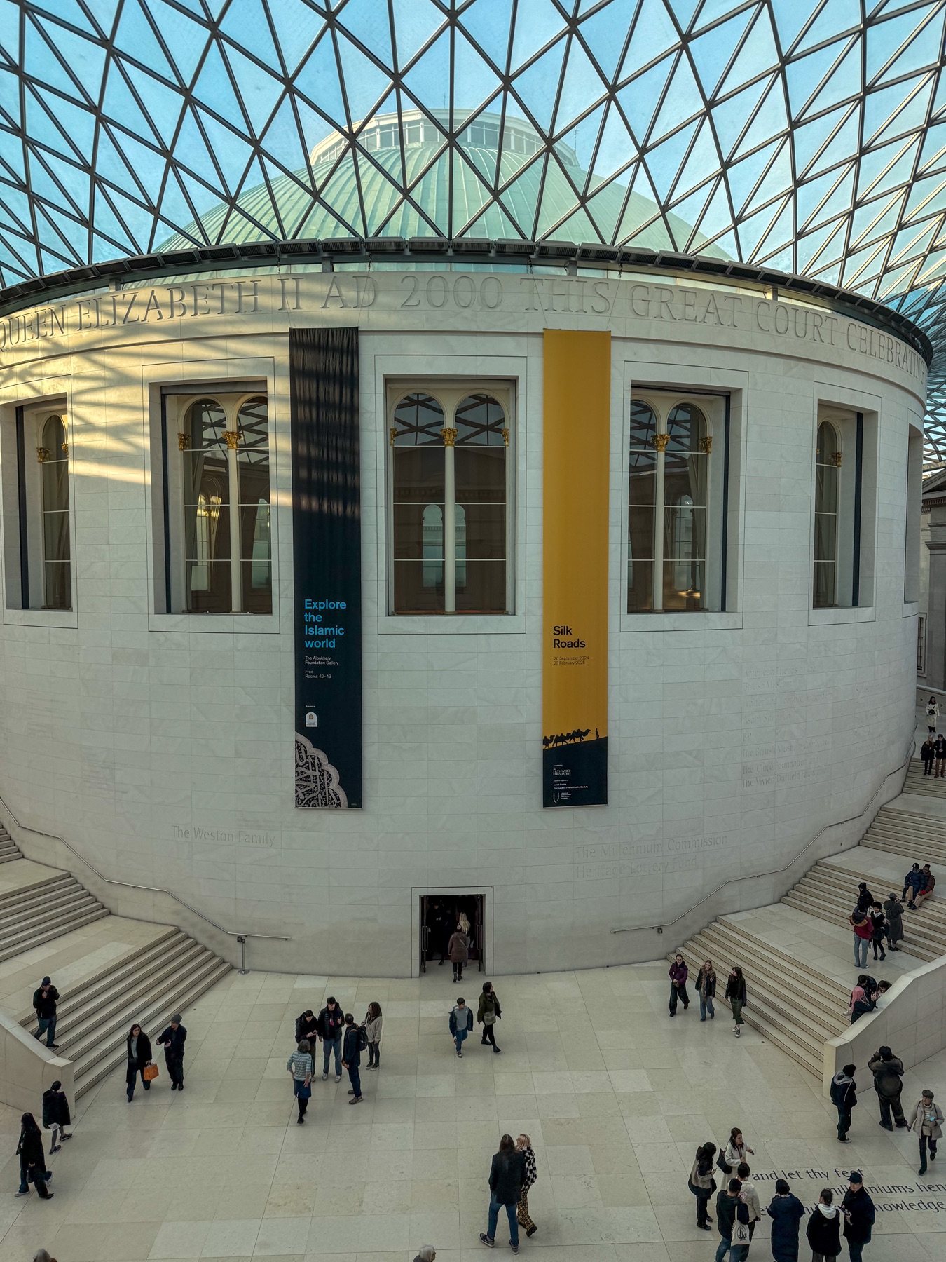 The circular Reading Room beneath the British Museum Great Court roof