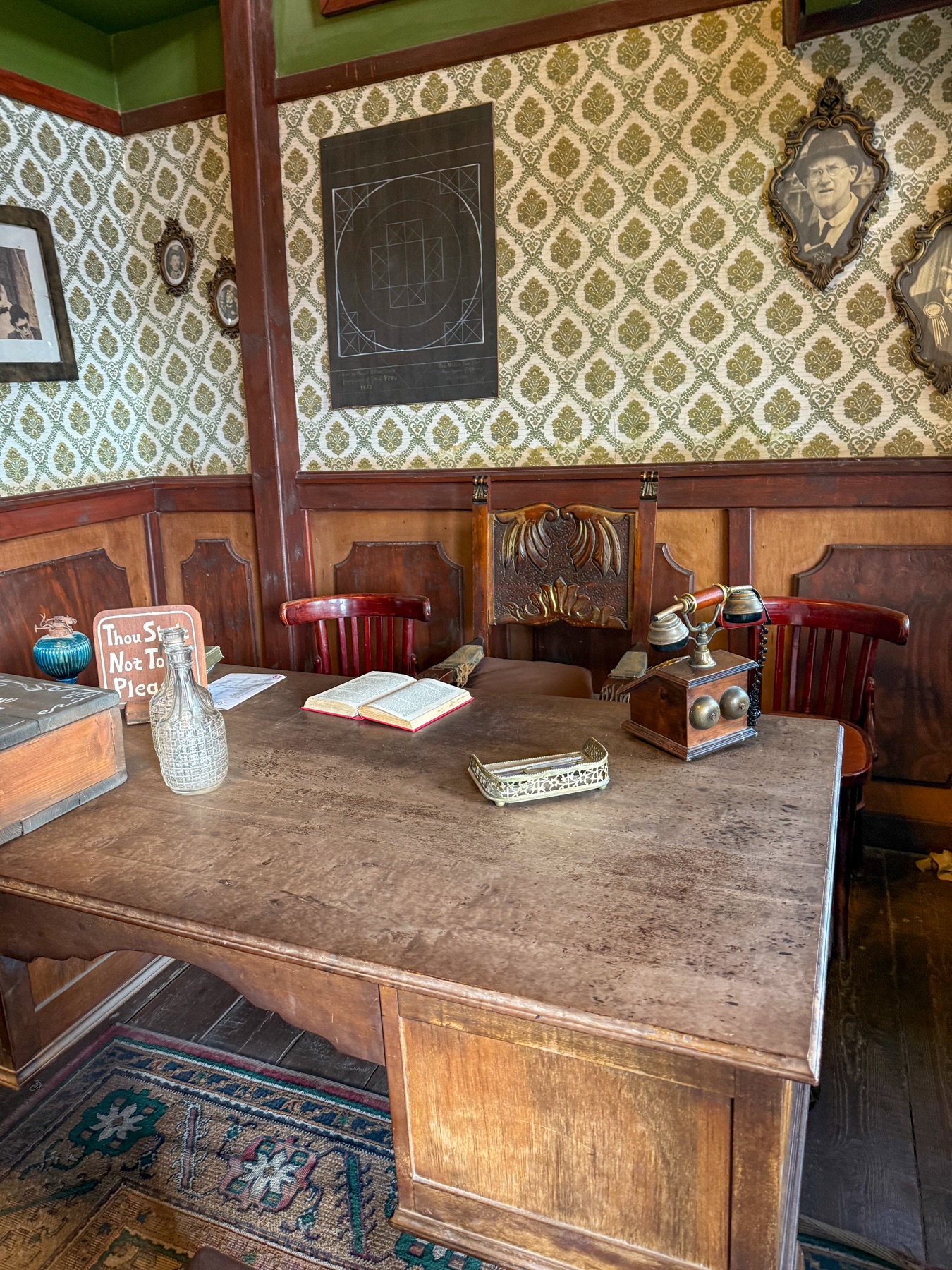 Vintage office set with wooden desk and telephone