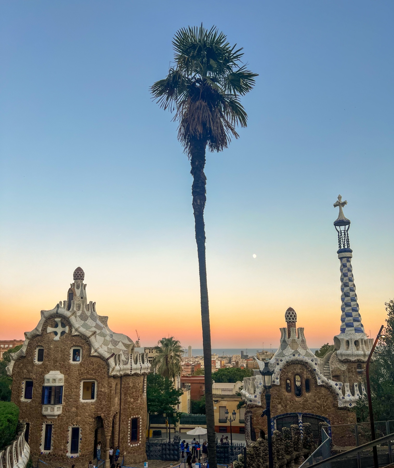 Park Güell overlooking Barcelona at dusk