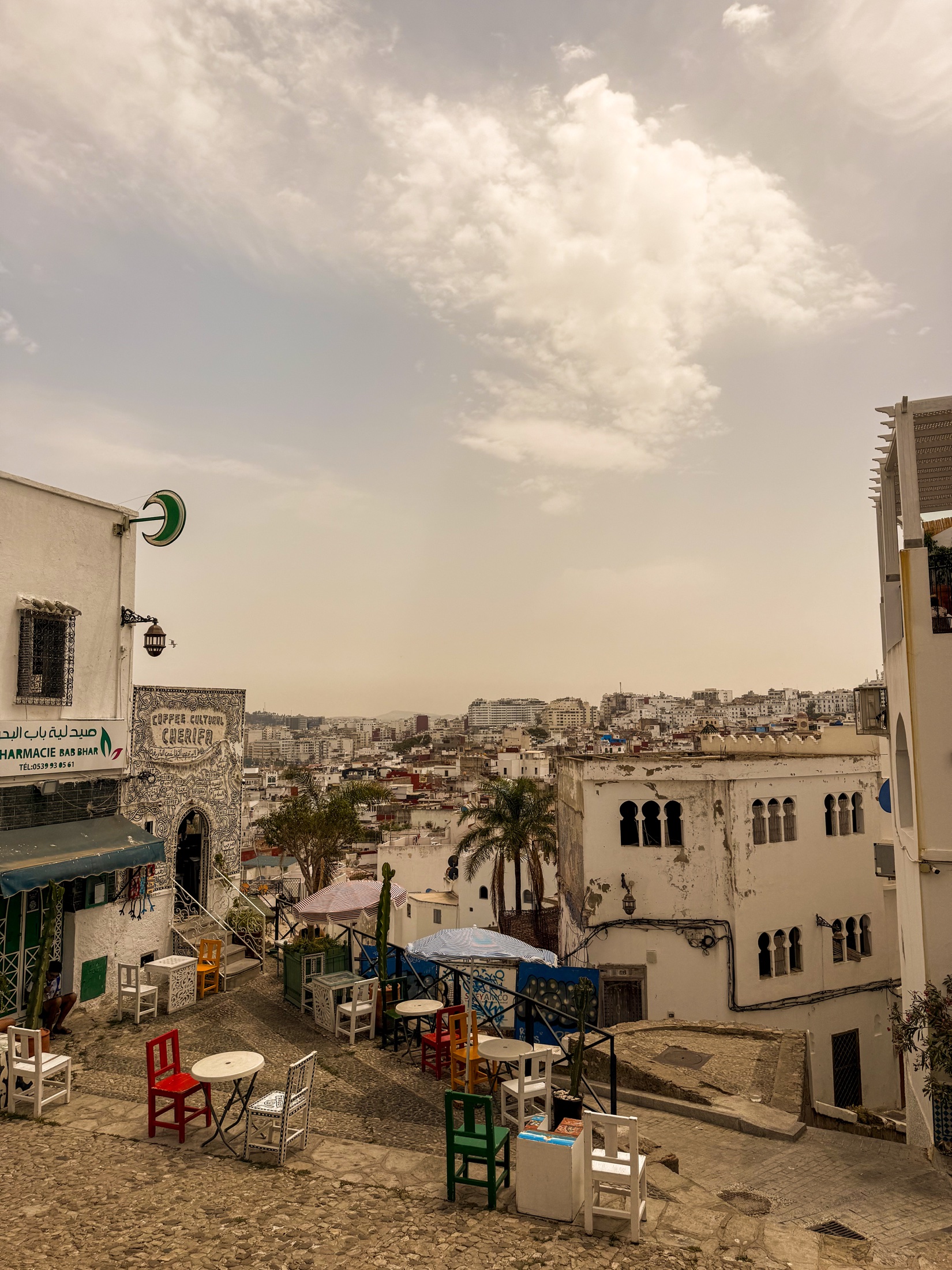 Colourful café chairs overlooking Tangier